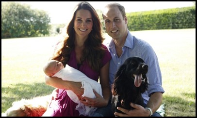 PICTURE EMBARGOED UNTIL 00:01hrs BRITISH SUMMER TIME ON TUESDAY 20th AUGUST 2013 (23:01 GMT ON MONDAY 19th AUGUST) </p><br />
<p>A handout picture released on August 19, 2013 by  Kensington Palace shows Prince William, Duke of Cambridge, his wife Catherine, Duchess of Cambridge, with their newborn baby boy, Prince George of Cambridge, Tilly the retriever (L), a Middleton family pet and Lupo, the couple's cocker spaniel (R) at the Middleton family home in Bucklebury, Berkshire, in early August, 2013. The couple released two family photographs with their son, Prince George, taken by Michael Middleton, Catherine's father, in early August in the garden of the Middleton family home. AFP PHOTO/HO/MICHAEL MIDDLETON/MICHAEL MIDDLETON</p><br />
<p>== RESTRICTED TO EDITORIAL USE - MANDATORY CREDIT "AFP PHOTO / DUKE AND DUCHESS OF CAMBRIDGE /  MICHAEL MIDDLETON " - NO MARKETING NO ADVERTISING CAMPAIGNS - DISTRIBUTED AS A SERVICE TO CLIENTS - NO SALE ==MICHAEL MIDDLETON/AFP/Getty Images